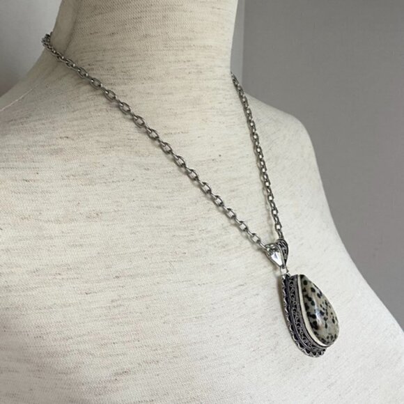 Artisan Silver Plated Bezel Set 2.46" Teardrop Dalmatian Jasper Pendant Necklace - Picture 12 of 16